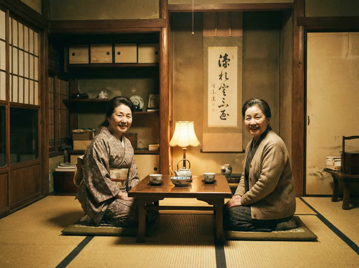 两位优雅的 天天体育网平台 在日式茶室中品茶交谈